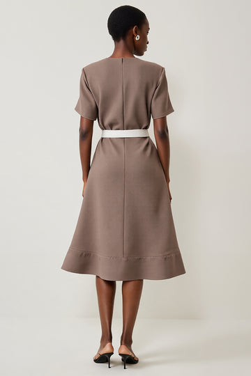 Simple A Line Grey Midi Work Dress With Belt